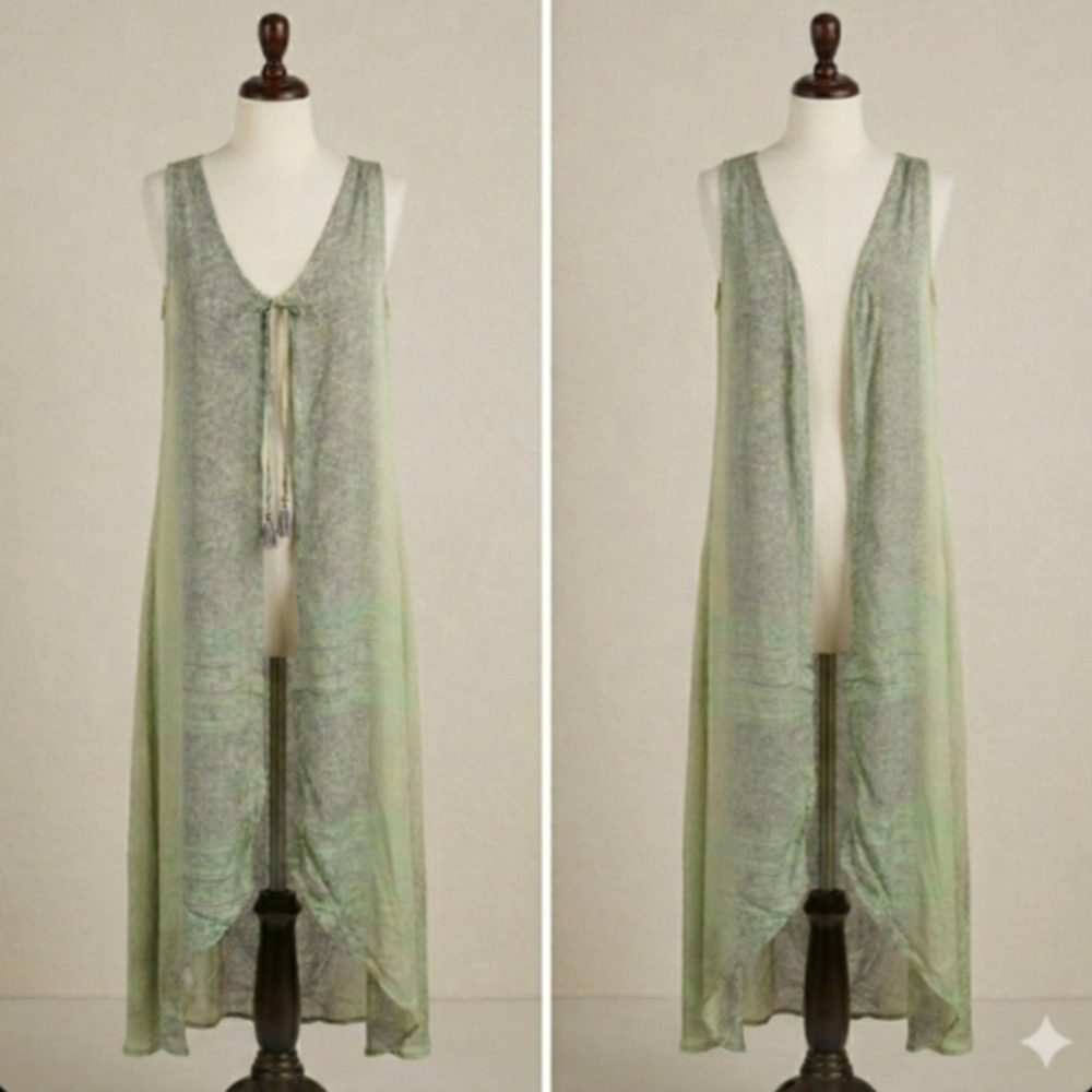 Earthbound Maxi Duster Vest S/M Boho Festival Fairy Tassel Satin Paisley Green